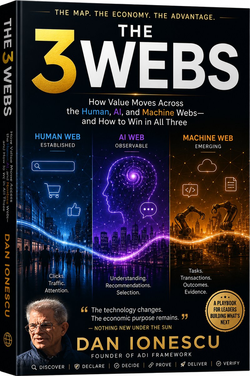 Cover of 3 WEBS by Dan Ionescu, showing the Human, AI and Machine webs side by side